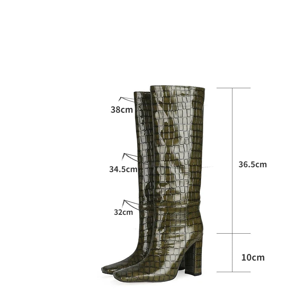 Women's Patent Leather Knee-High Boots – Thick Square Heel Slip-On Winter Boots in 21 Colours