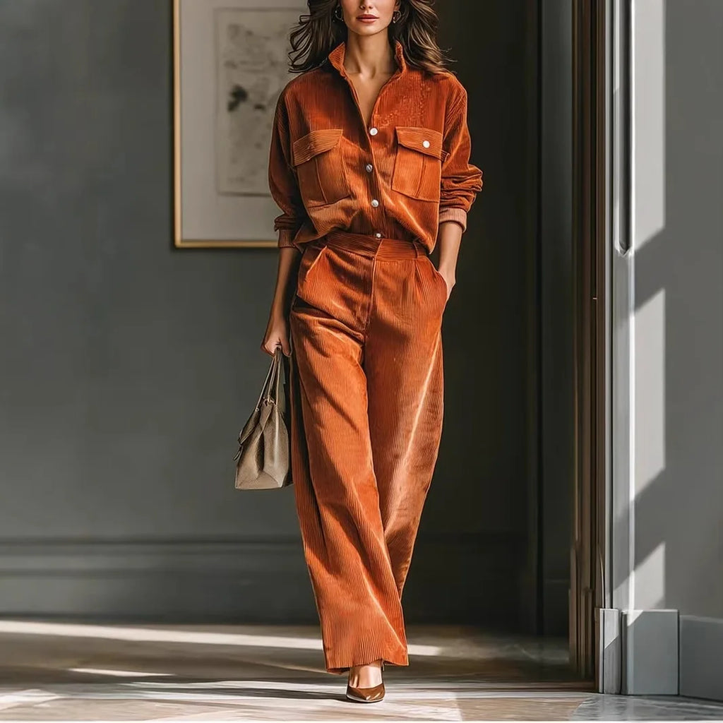 Women's 2-Piece Corduroy Set – Long Sleeve Shirt & Wide-Leg Pants, Office Casual