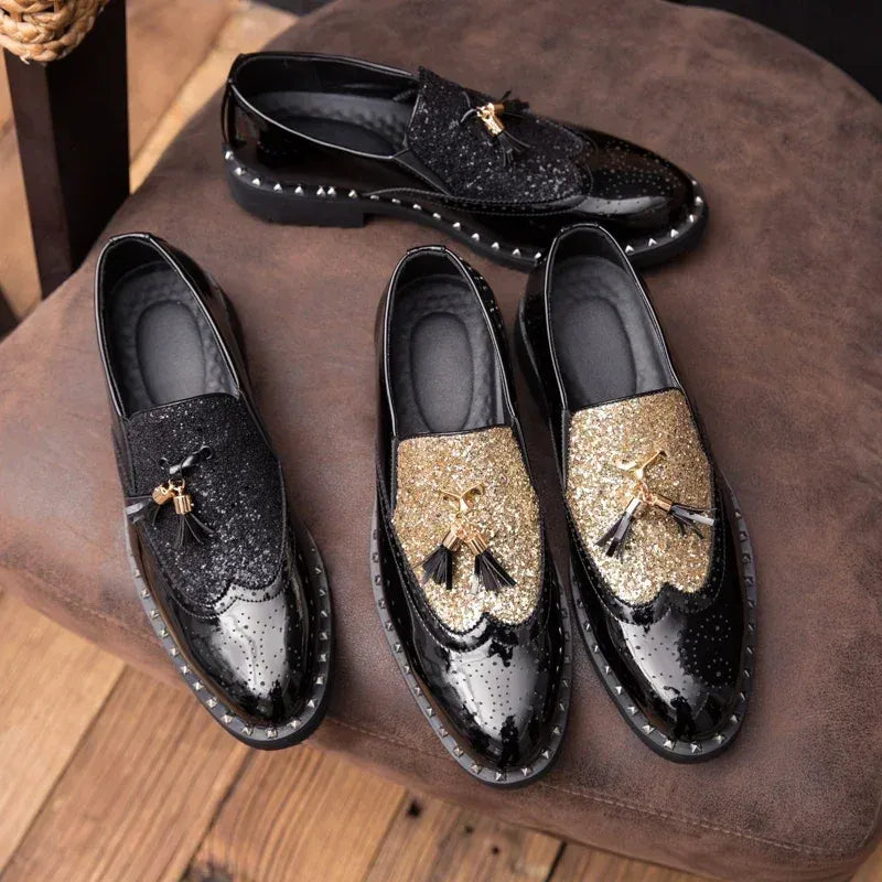 Men's Sequin Loafers in Black & Black Gold