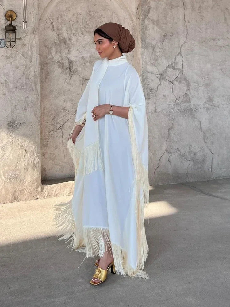 Women's Elegant Tassel Abaya Kaftan – Loose Long Evening Dress | Eid, Ramadan & Party Occasion