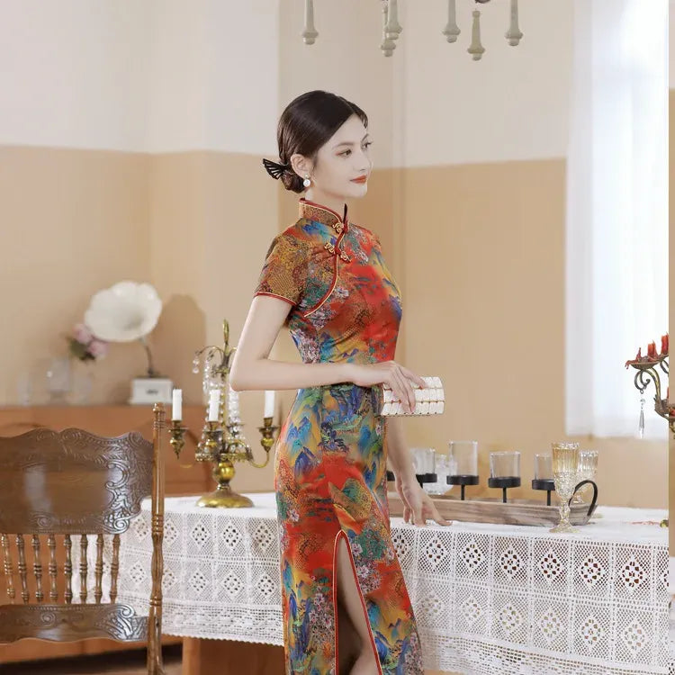Printed Short-Sleeve Qipao-Inspired Midi Dress