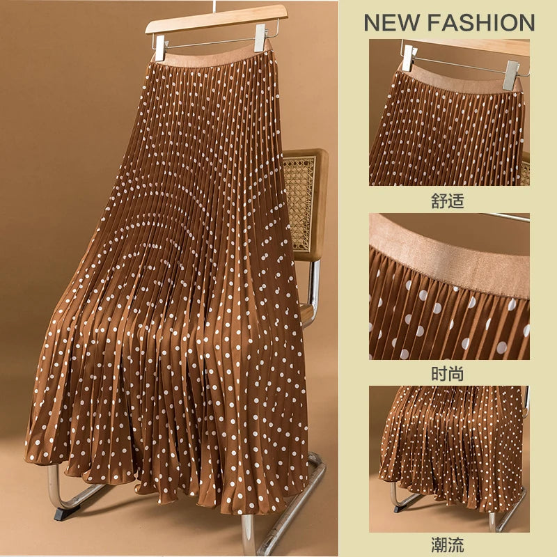 Polka Dot Pleated Long Skirt Women Fashion Elastic High Waisted Slim Dance Beach Skirt LADYLYS