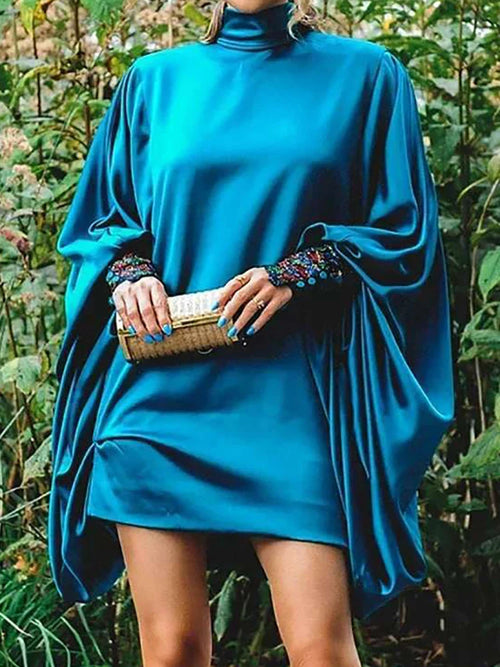 Batwing Sleeve Mini Dress – Turtleneck Loose Fit Patchwork | Casual Holiday & Party