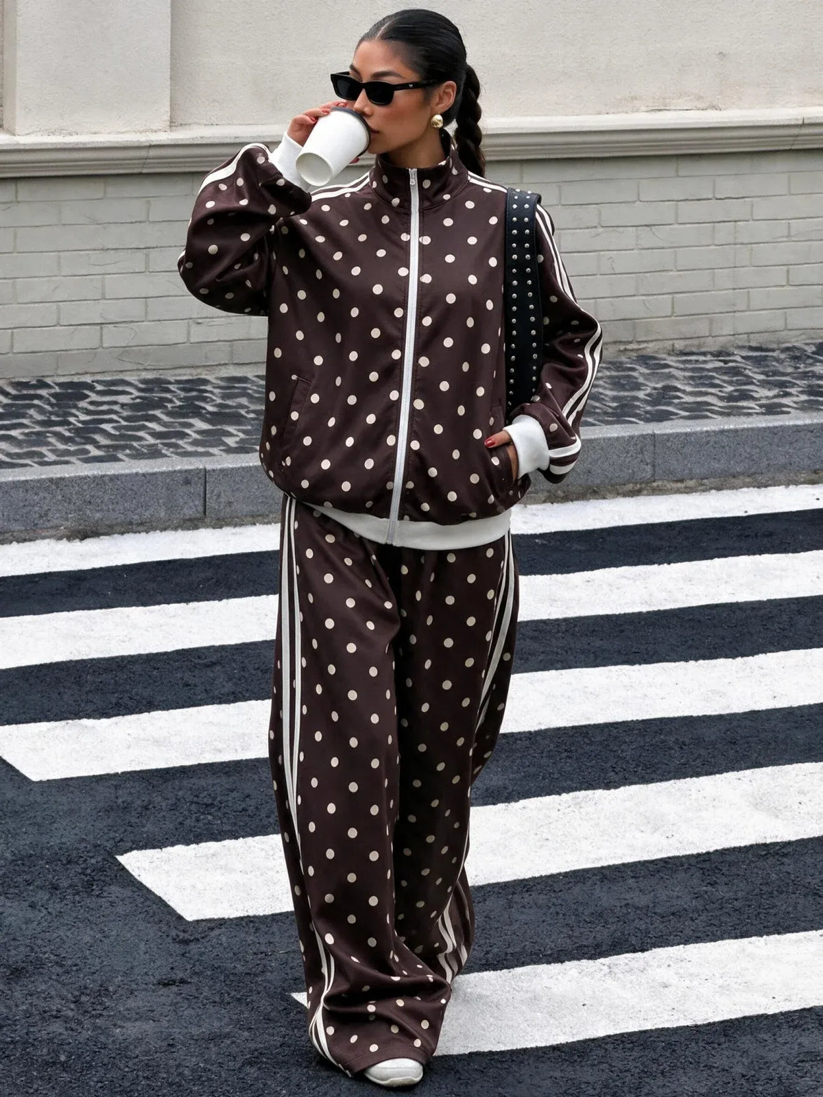 Women's Polka Dot Zip-Up Jacket & Wide-Leg Trousers Set