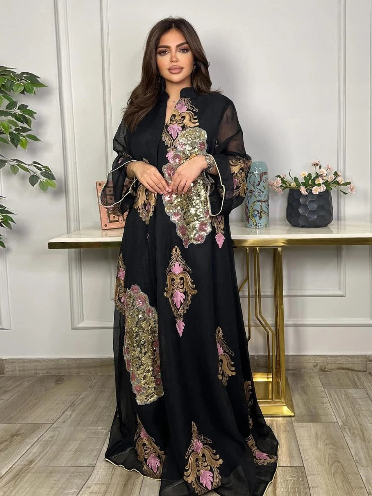 Morocco Dress for Women Muslim Abaya India Stand Collar Abayas Enbroidery Sequins LADYLYS