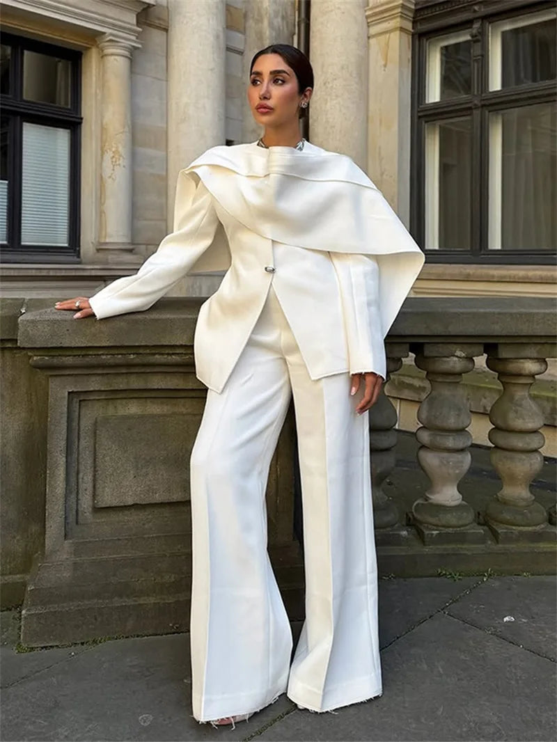 Scarf Wrap 2-Piece Women's Suit – Cotton Blazer & Pants | Business, Wedding & Prom