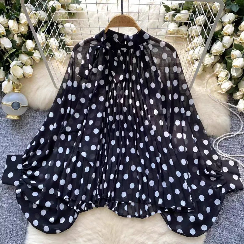 Elegant Fashion All-match White Wave Point Blouses Long Sleeve Oversize