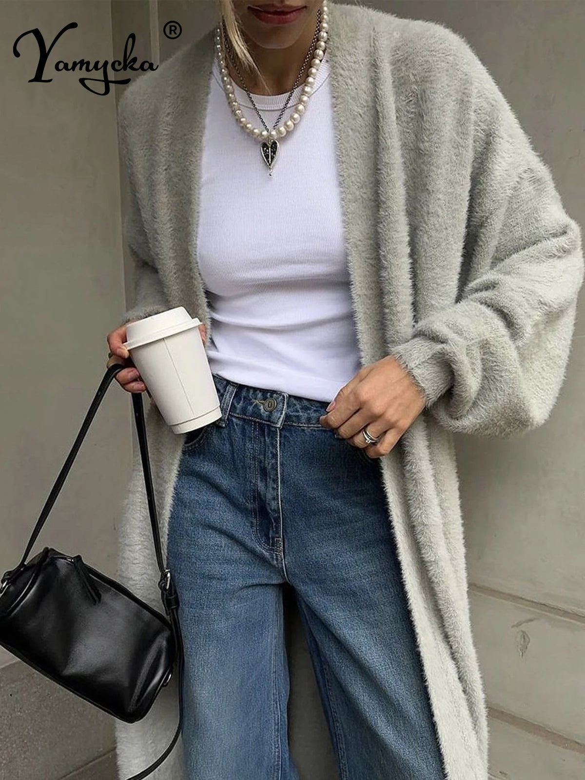 Women's Long Belted Knit Cardigan with V-Neck and Lantern Sleeves