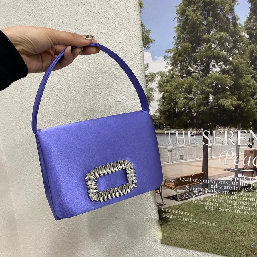 Luxury Diamond Square Button Evening small Bag Clutch Purses Satin Rhinestone LADYLYS