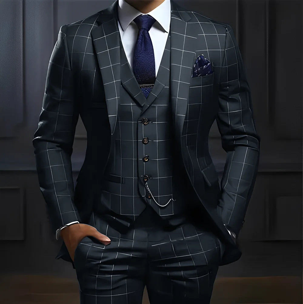 Men’s Plaid Three-Piece Suit for Weddings and Business