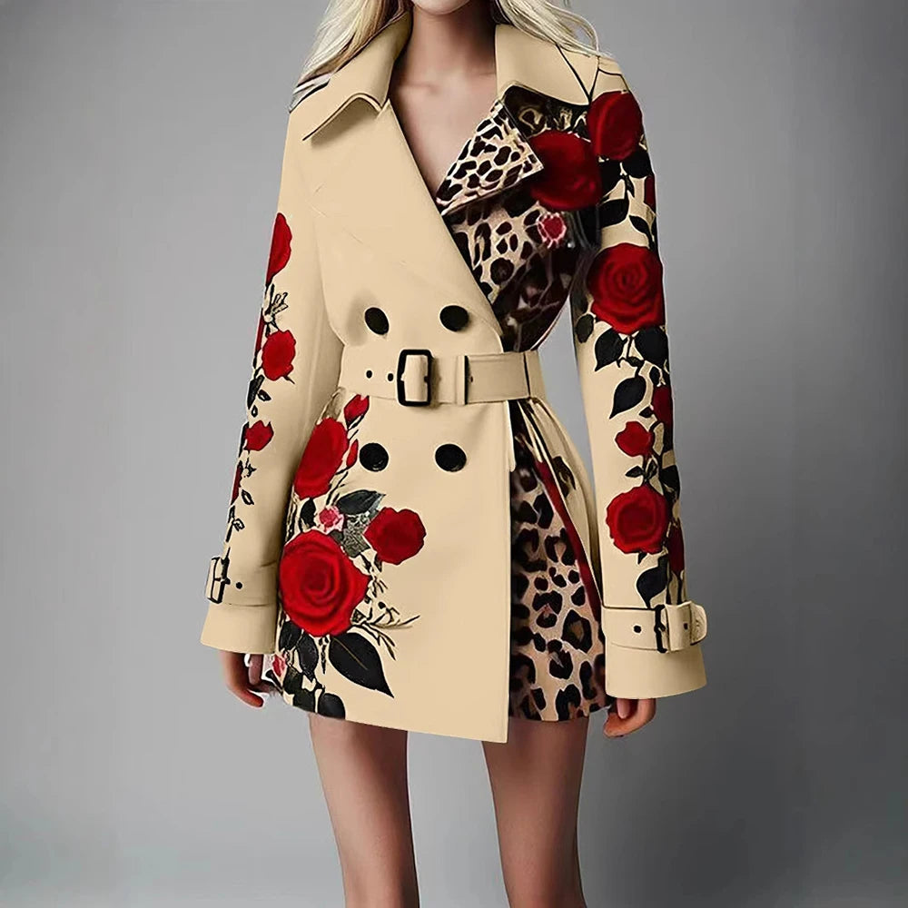 Chic Trench Coat Red Rose Leopard Print Double Breasted Belted Lapel Long LADYLYS