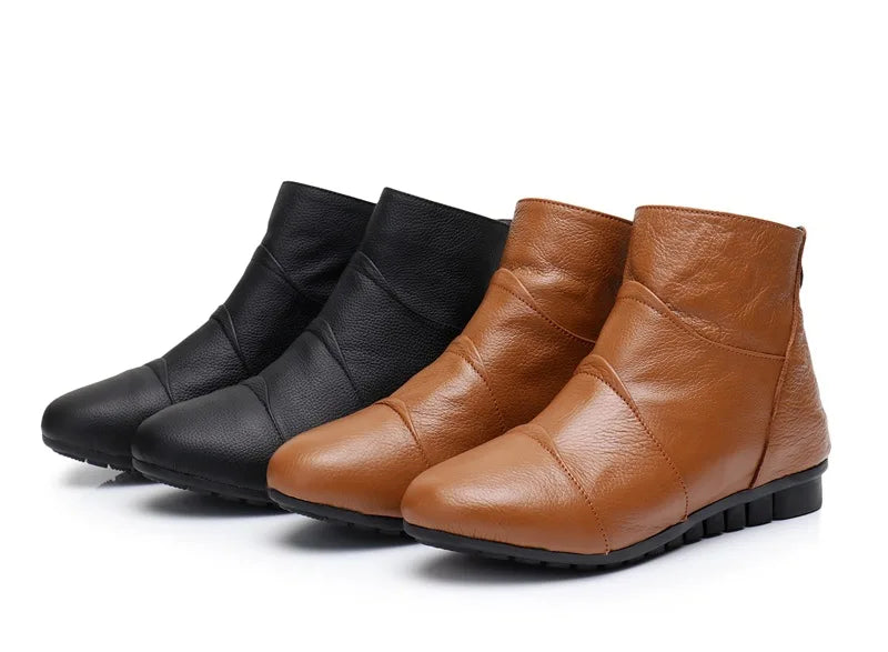 Women's Genuine Leather Platform Ankle Boots – Zip-Up Wedge Booties with Plush Option