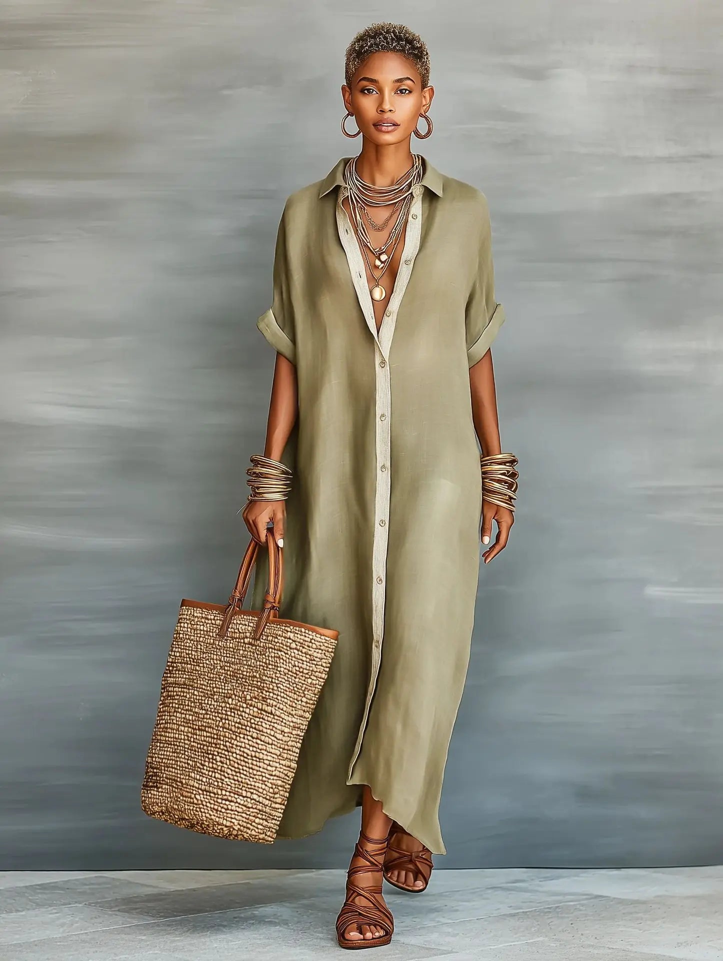 Patchwork Button Shirt Midi Dress – Short Sleeve Loose Beach Vacation Dress
