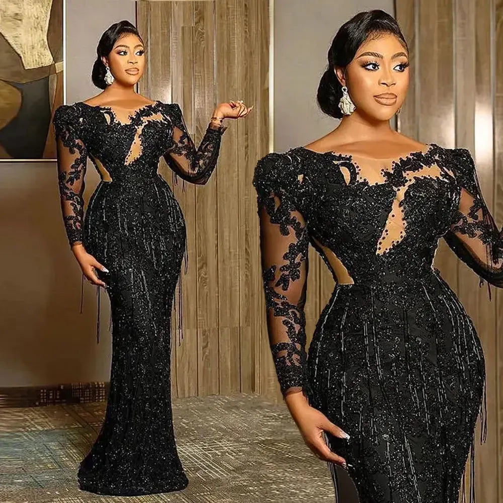 Long-Sleeve Ruched Satin Mermaid Evening Gown