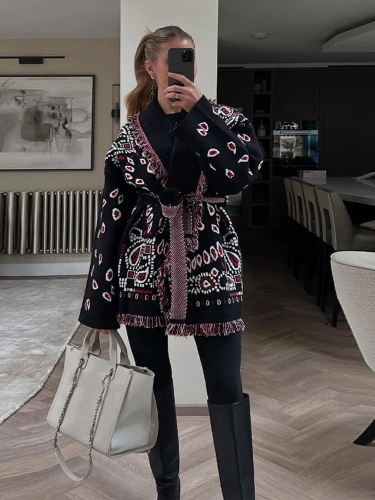 Women's Jacquard Knit Wrap Cardigan with Belt and Fringe Trim