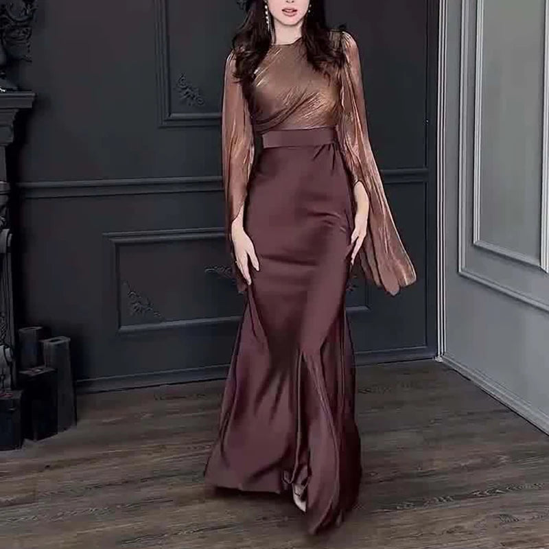 Women's Satin Long Dress – High-Waisted Slim Fit, Long Sleeve, Ankle-Length