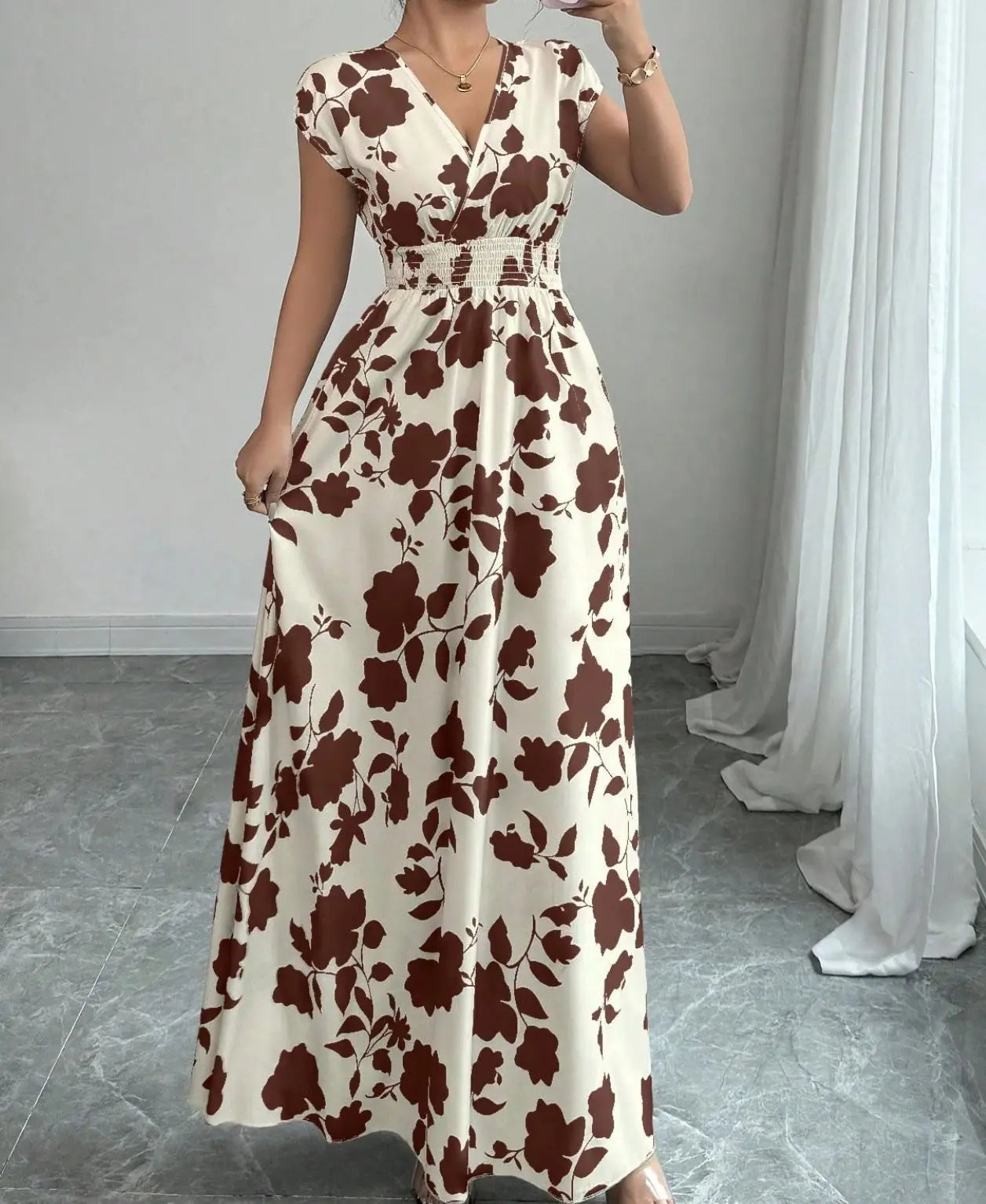 Printed V-Neck Short Sleeve Midi Dress – Lace-Up Waist Casual Summer Dress