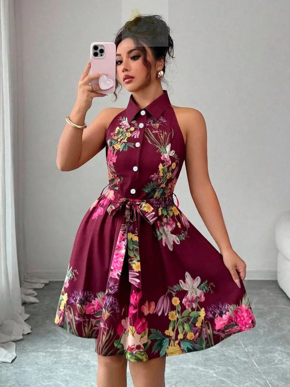 Printed Waist Halterneck Tie Dress Elegant LADYLYS