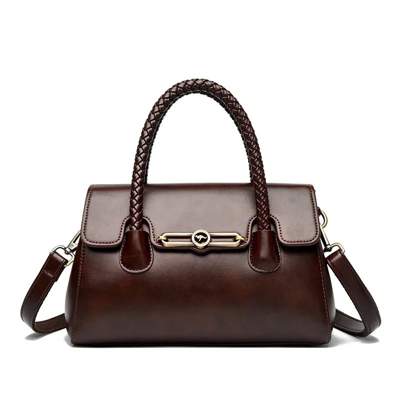 Women's Leather Top-Handle Bag with Woven Handle