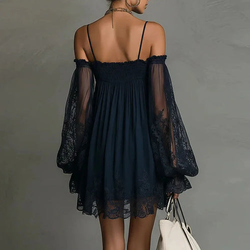 Boho Off-Shoulder Lace Mini Dress – Puff Sleeve Ruffle A-Line Party Dress