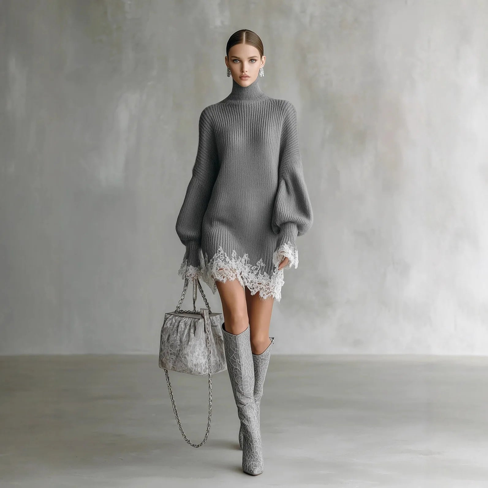 Solid Lace Trim Knitted Mini Dress Women Casual Patchwork Lantern Sleeve Turtleneck Loose Dresses