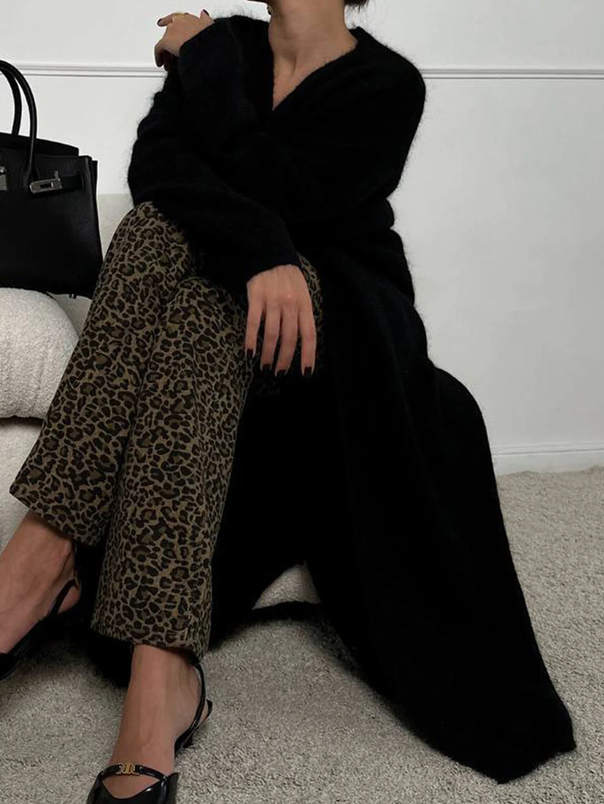 Women's Long Belted Knit Cardigan with V-Neck and Lantern Sleeves