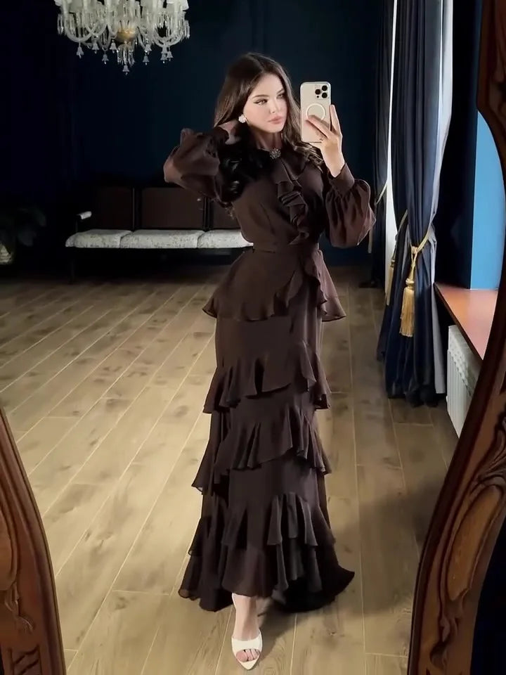 Women's Elegant Layered Ruffle Maxi Dress with Long Sleeves and Belt
