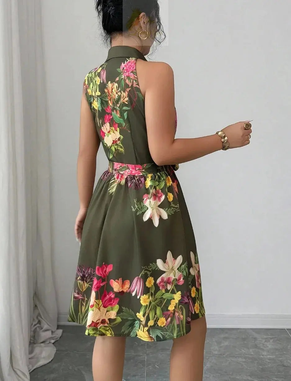 Printed Waist Halterneck Tie Dress Elegant LADYLYS