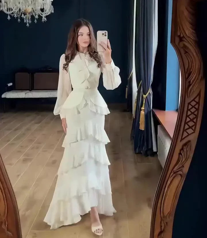 Women's Elegant Layered Ruffle Maxi Dress with Long Sleeves and Belt