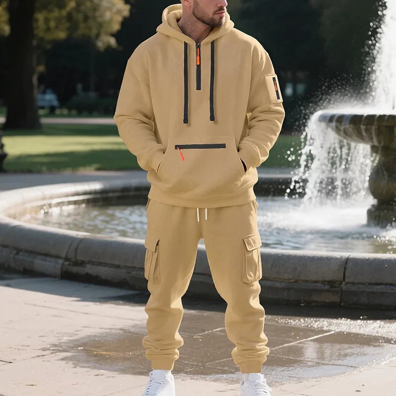 Men's Fleece Hoodie & Multi-Pocket Pants Set – Casual Sportswear