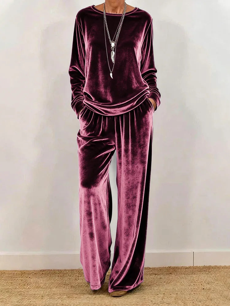 Women's Velvet O-Neck Top & Wide Leg Pants Set — Solid Color 2-Piece Outfit