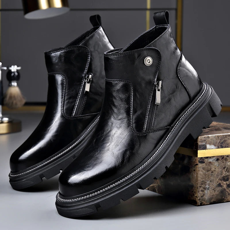 Men's Genuine Leather Zip-Up Ankle Boots – British Retro High-Top Non-Slip Booties
