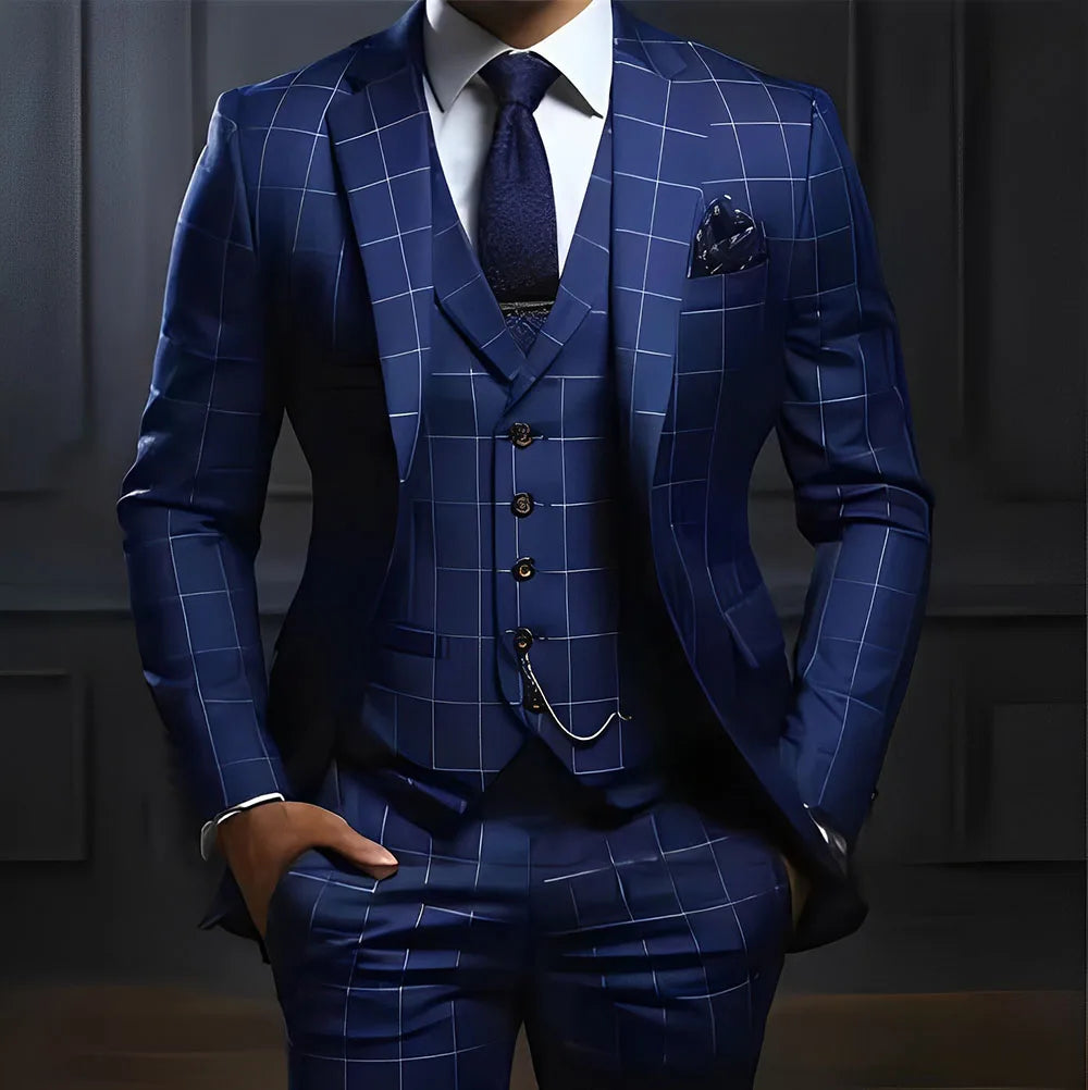 Men’s Plaid Three-Piece Suit for Weddings and Business