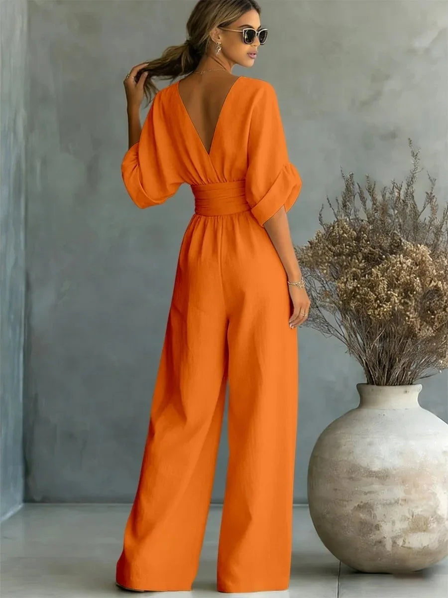 Jumpsuit Fashion High Waist V-neck Casual Sexy  Solid Color LADYLYS