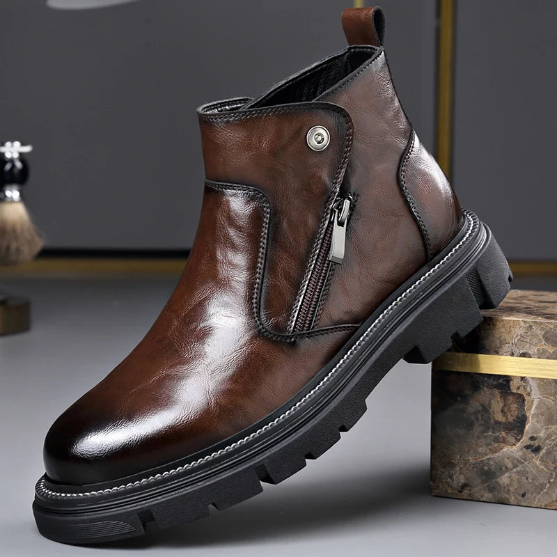 Men's Genuine Leather Zip-Up Ankle Boots – British Retro High-Top Non-Slip Booties