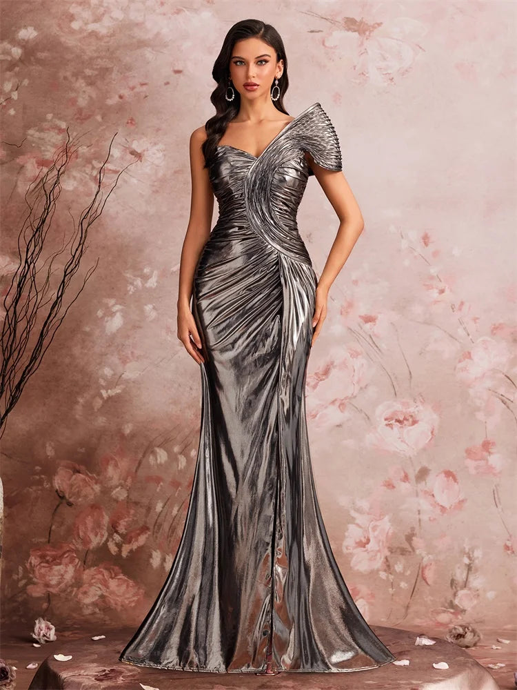 Luxury Off-Shoulder Mermaid Evening Gown – Backless Satin Formal Prom Dress