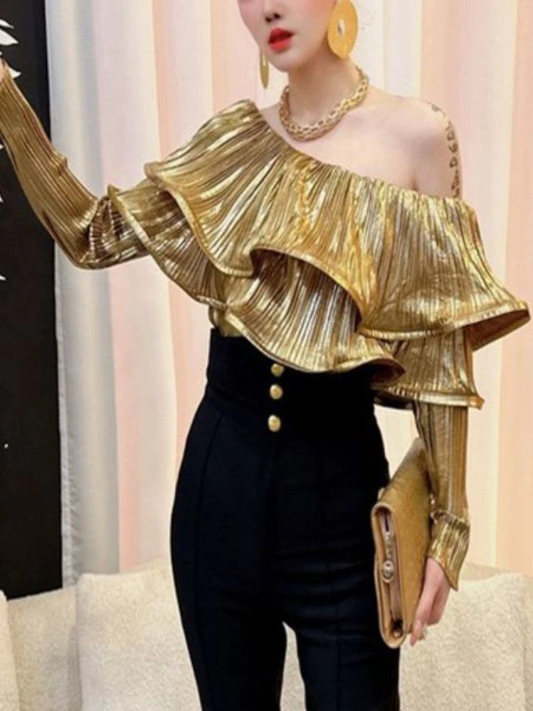 Camisas Solid Slash Neck Ruffled Long Sleeve Sexy Shirts Vintage Blouses