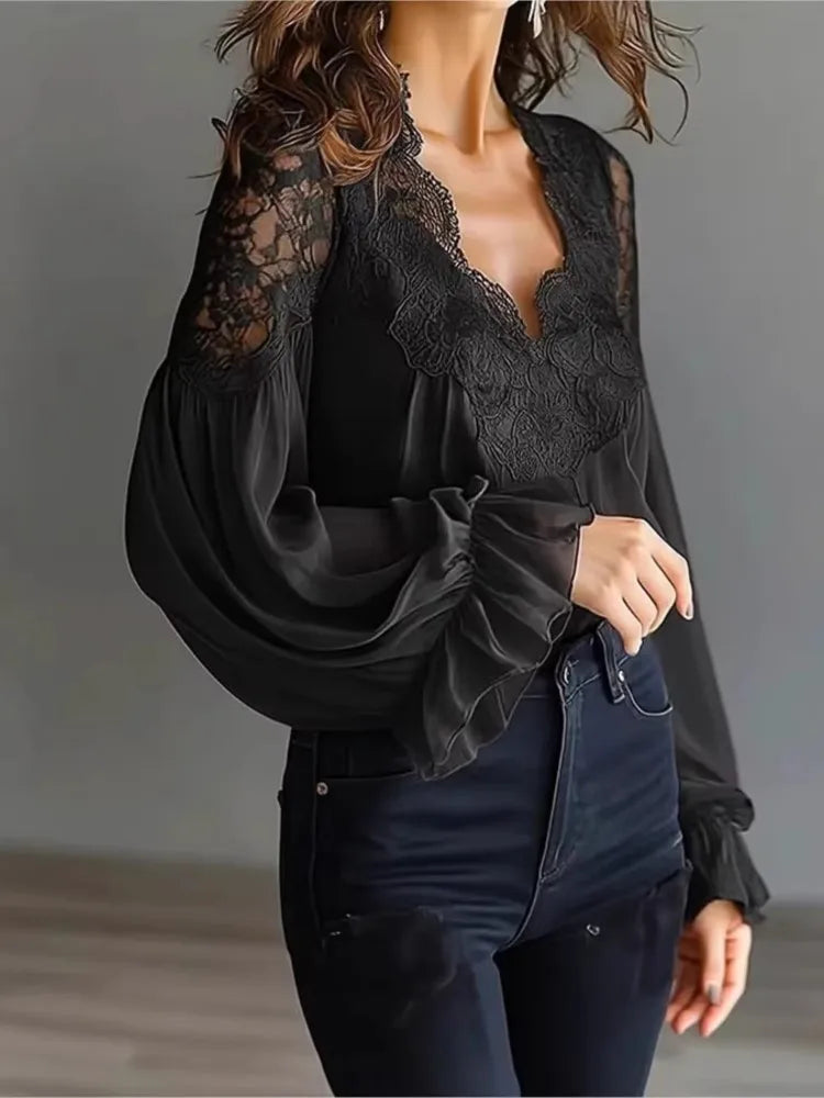 Blouse Solid Elegant Sexy V-neck Lace Splicing Lantern