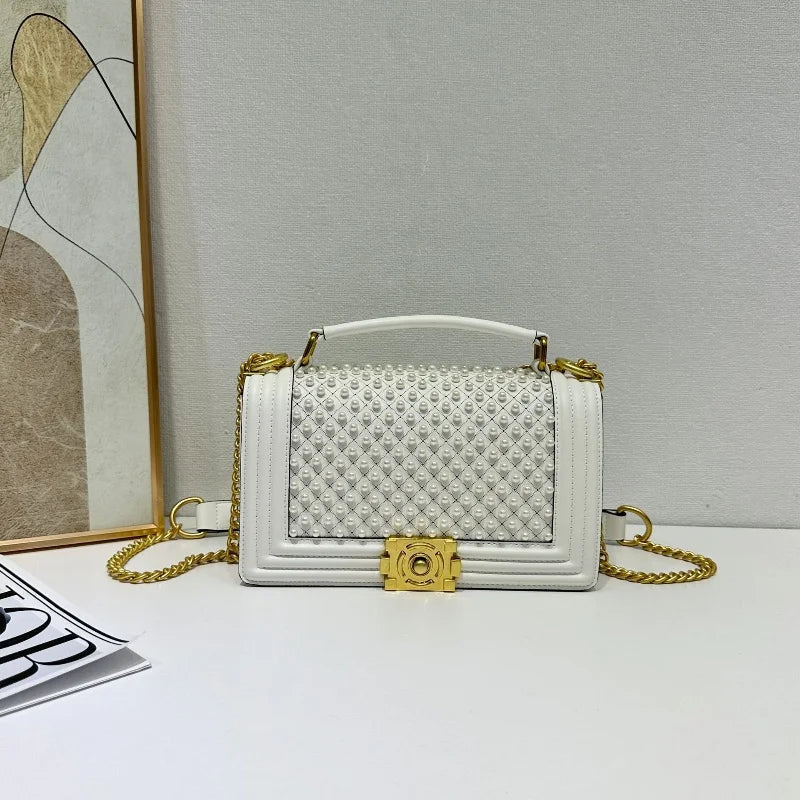Luxury Designer Inlaid Pearls Lattice Embroidery Women's Shoulder Bag Fashion High-end Handbags Small Square Bag Versatile Purse LADYLYS
