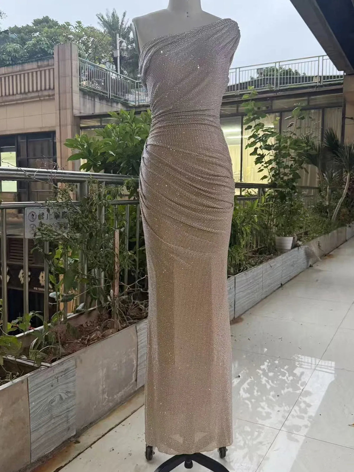 Rhinestone Backless V-Neck Maxi Dress