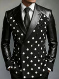 Men Polka Dot Double Breasted Blazer Black Faux Leather Lapel & Sleeves Slim Fit Wedding Stage Groom Formal Tuxedo Jacket LADYLYS