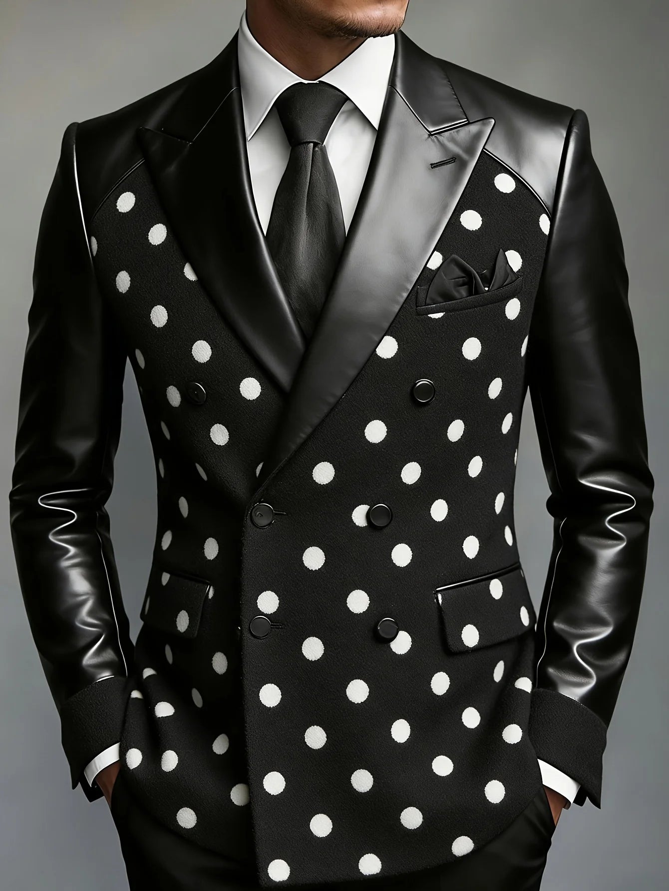 Men Polka Dot Double Breasted Blazer Black Faux Leather Lapel & Sleeves Slim Fit Wedding Stage Groom Formal Tuxedo Jacket LADYLYS