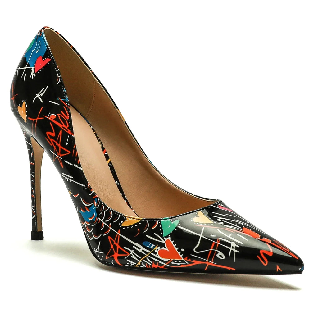 Luxury Stiletto Pumps – Pointed Toe, Extreme High Heel, Graffiti Print