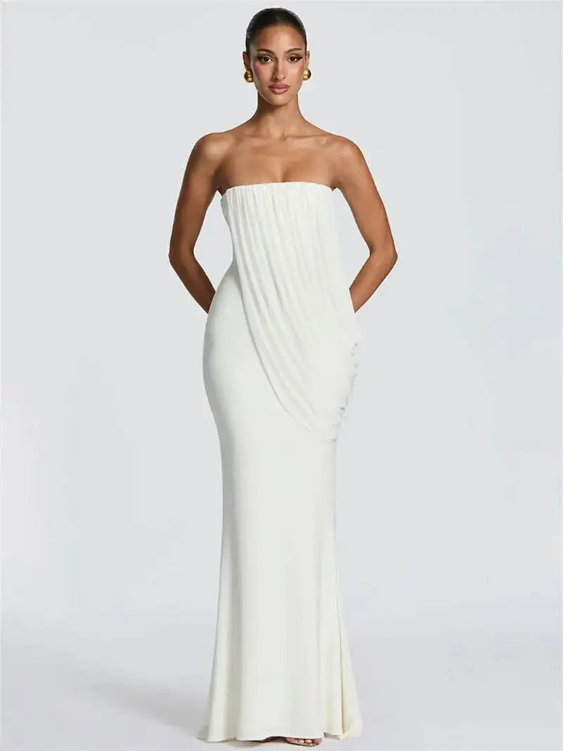 Mesh Backless Off-Shoulder Maxi Dress – Ruched High Waist Slim Evening Gown