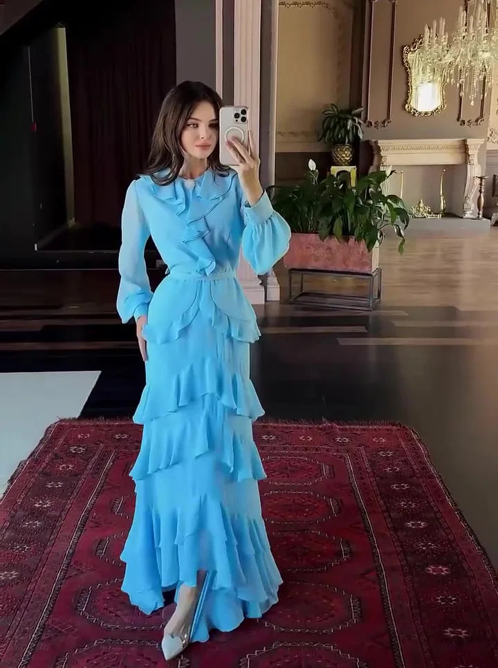 Women's Elegant Layered Ruffle Maxi Dress with Long Sleeves and Belt