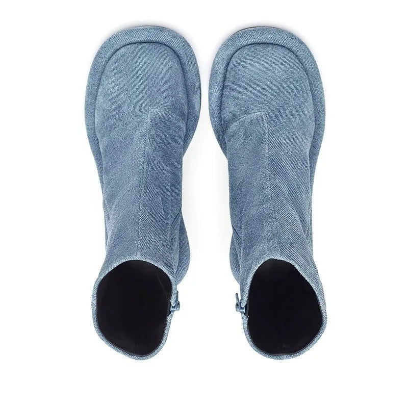 Blue Denim Short Boots High Heel Thick Sole Round 35-43 LADYLYS