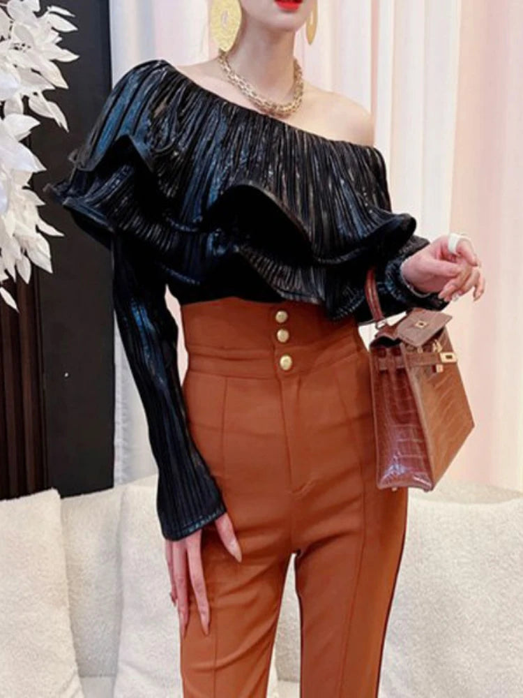 Camisas Solid Slash Neck Ruffled Long Sleeve Sexy Shirts Vintage Blouses