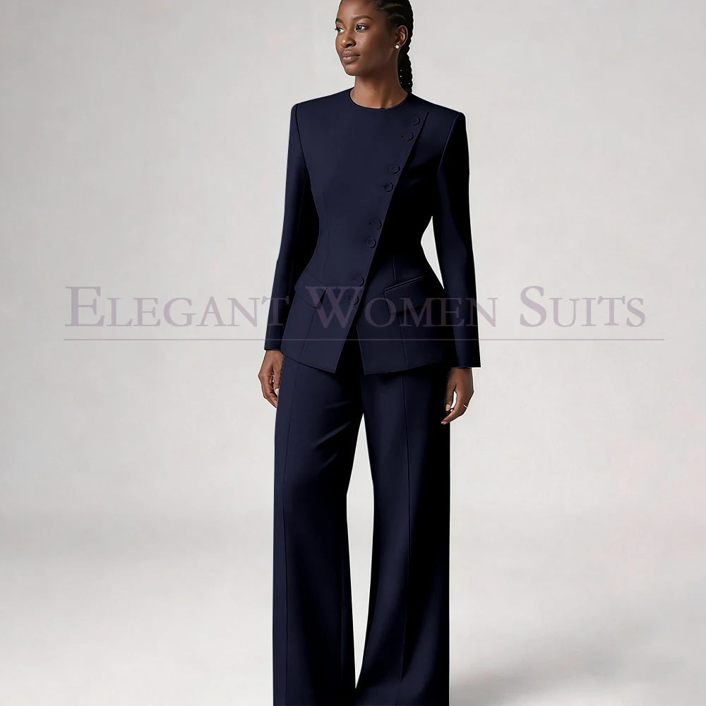 Single Breasted Women's Suits Blazer Luxury O-neck Regular Length 2 Piece LADYLYS