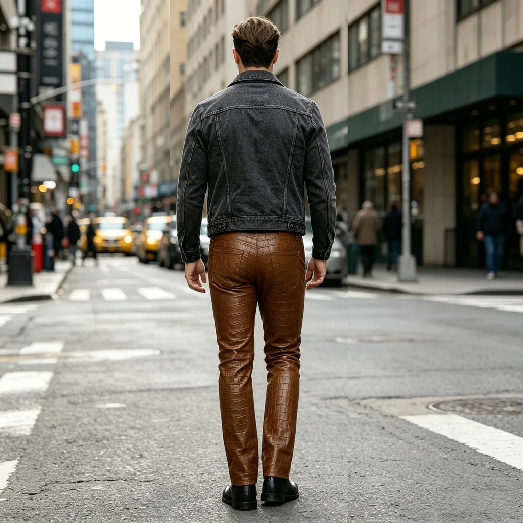 Men's Croc-Embossed Faux Leather Slim-Fit Trousers
