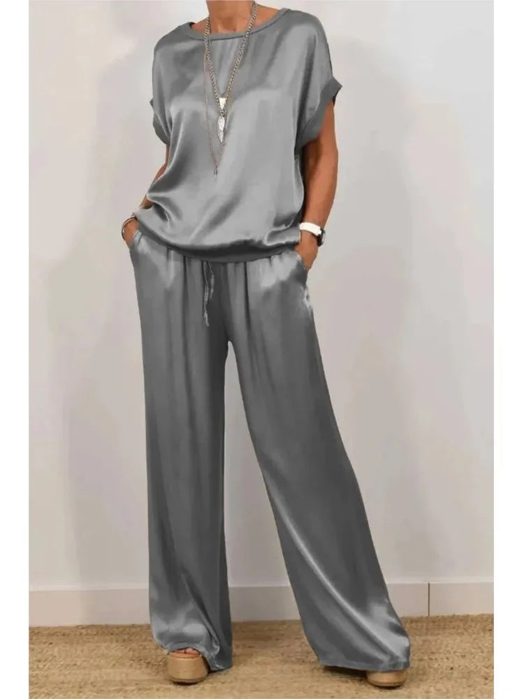 2-piece Set Fashion Satin O Neck T-shirt Top Trousers Summer Retro Elegant LADYLYS